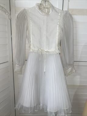Vintage 70s Girl’s White Ruffle Chiffon Sunday Best Dress Made in USA Union 12